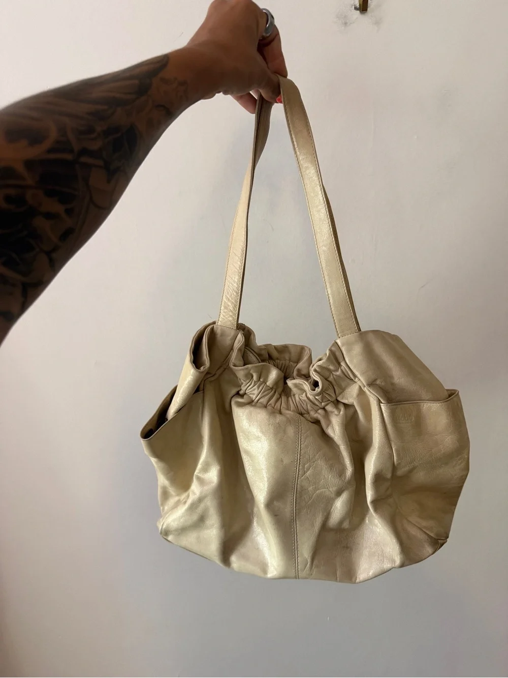 HOBO Cream Gathered Leather Shoulder Tote